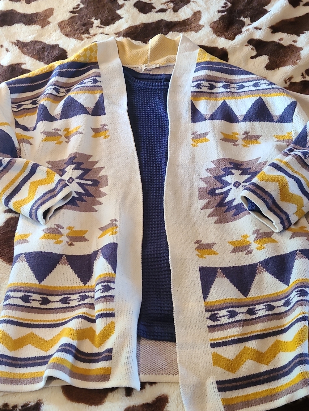 Lime & Chili Boho Open-Front Cardigan Sweater - Cream, Blue & Yellow
